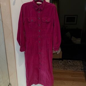 Ann Taylor Loft pink button down corduroy long sleeve dress 10
